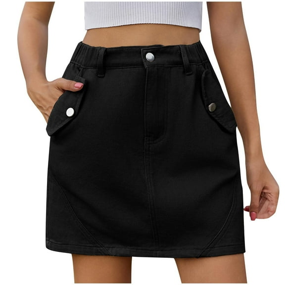 Mrat Flared Skirts Women's Denim Workwear Pocket Skirt Casual Drawstring Elastic Waist Short Skirt Womens Summer Skirts S-66 Black S