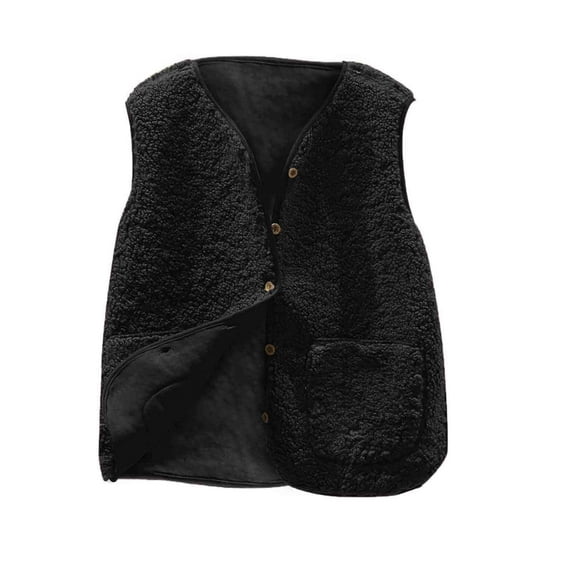 Mrat Fleece Puffer Vest Women Winter Warm Sleeveless V-Neck Button-Down Fuzzy Fleece Jacket Vest Outerwear with Pockets T-10-Black M
