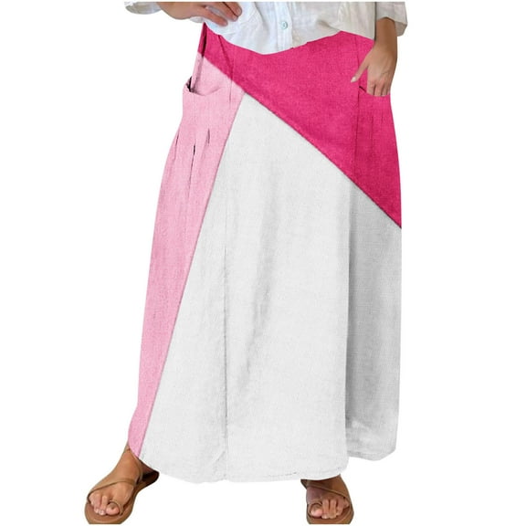 Mrat Floral Skirts for Women Women's Casual Retro Floral Skirts Linen Elastic Waist Pleated Maxi Skirt with Pockets Plus Size Skirts S-166 Hot Pink-A L