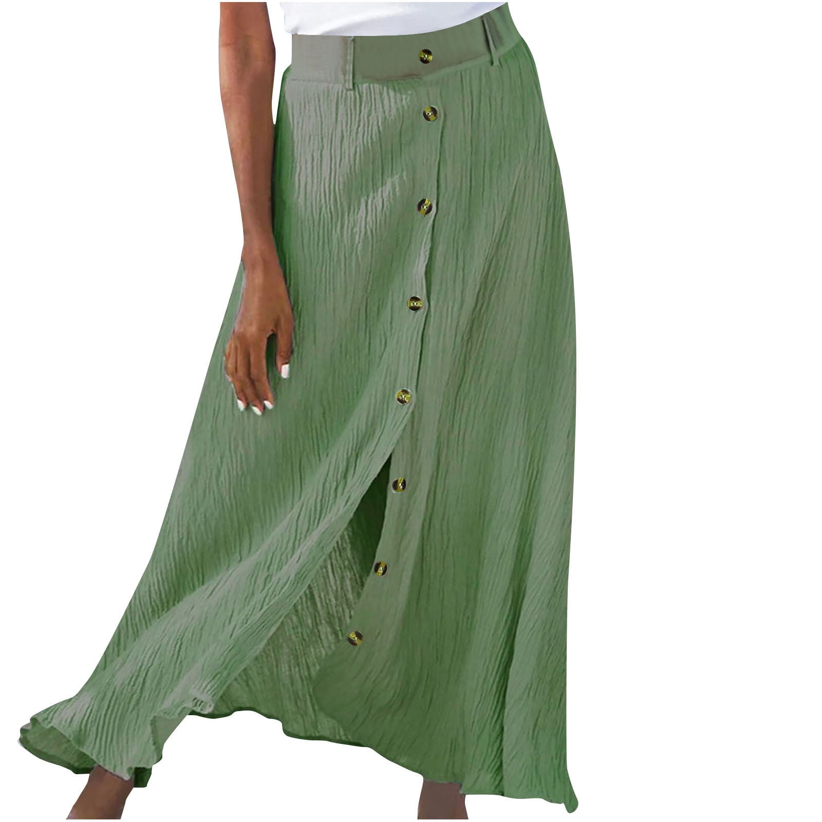 Mrat Flowy Slit Midi Skirts Women Summer Trendy Solid Skirt Mid Waist Long  Dress Bohemian A-Line Button Skirts Flowy Slit Midi Skirts S-40 Green XXL