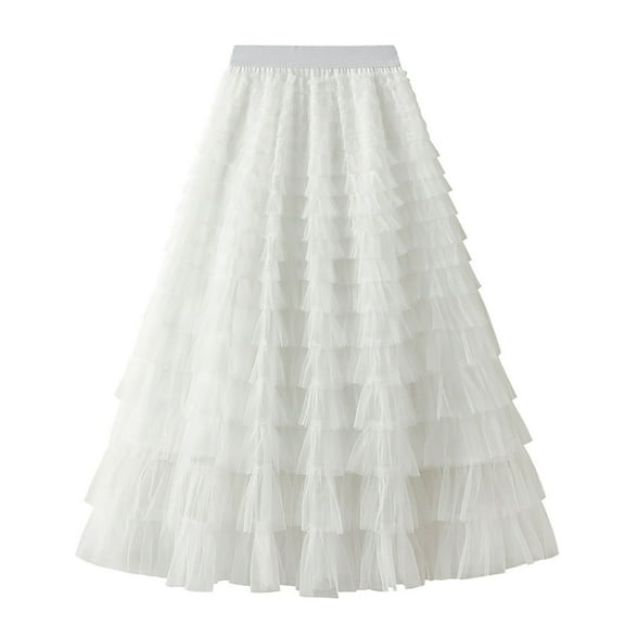 Mrat Fringe Skirt Women's Solid Color Ruffled Mesh Skirt High Waist Prom Poached Skirt Half-Length Skirt Fringe Skirt S-159 White L