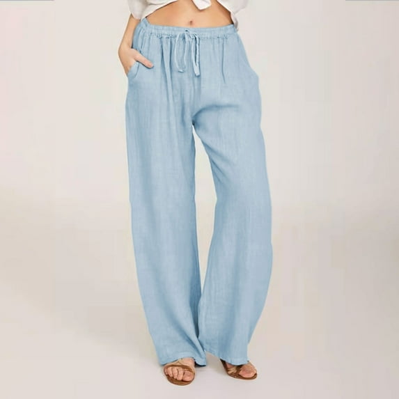 Mrat Full-Length Pants Cotton Pants Trendy Pants Women Casual Solid Cotton Linen Drawstring Elastic Waist Long Wide Leg Pants Work Pants for Women B1_Sky Blue S