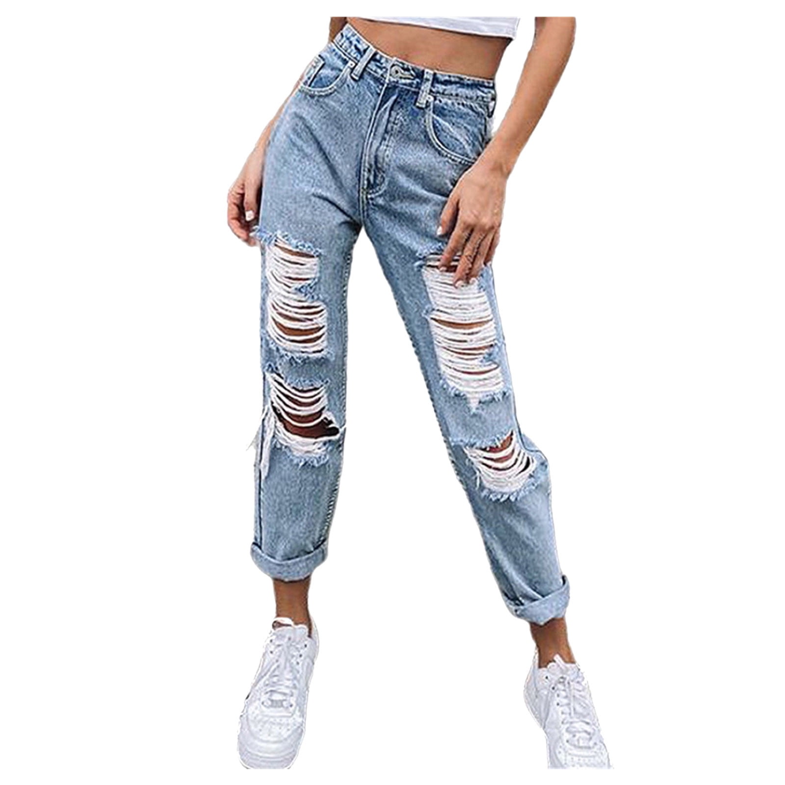 Mrat Full Length Pants Jeans Casual High Waisted Trousers Ladies Button High Waist Pocket Elastic Hole Jeans Trousers Slim Denim Pants Petite Pants