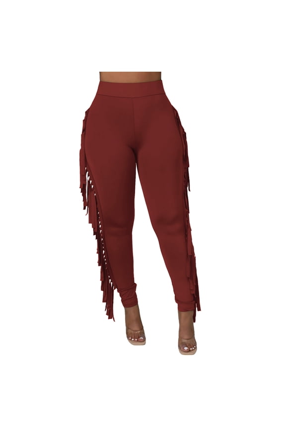 Full Length Pants Jogger Pants For Women Ladies Fashion Clothes Tight High Waist Fringed Bandage Pants Solid Color Knitted Tassel Pants Flare Yoga Pants