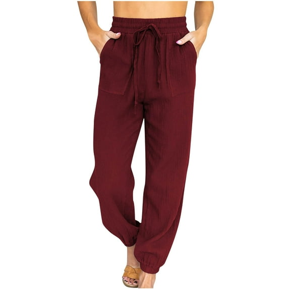 Mrat Full Length Pants Loose Pants Women Casual Ladies Fashion Casual Solid Color High Waist Lace-up Loose Trousers Long Pants Pants with Pockets