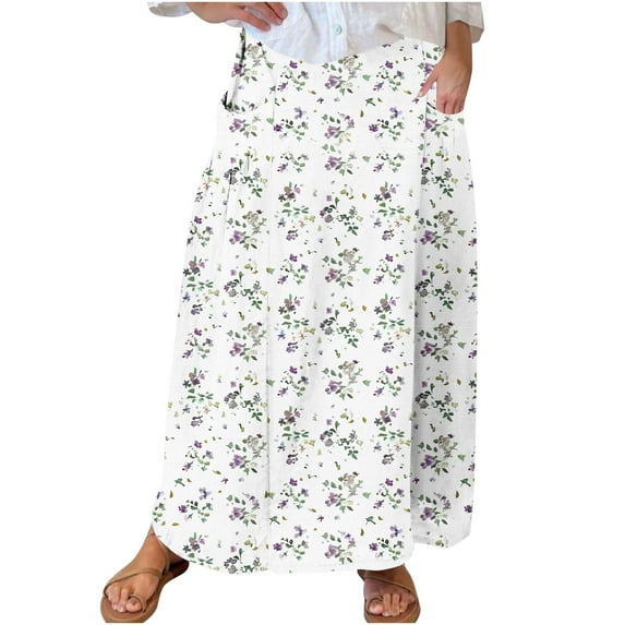 Mrat Golf Skirts Women's Casual Retro Floral Skirts Linen Elastic Waist Pleated Maxi Skirt with Pockets Plus Size Skirts S-126 White S