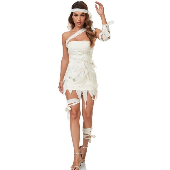 Mrat Golf Skirts Women's Halloween Cosplay Dresses Mummy Costumes with Gauze Halloween Cosplay Short Dress Maxi Skirt for Women S-96 White XL