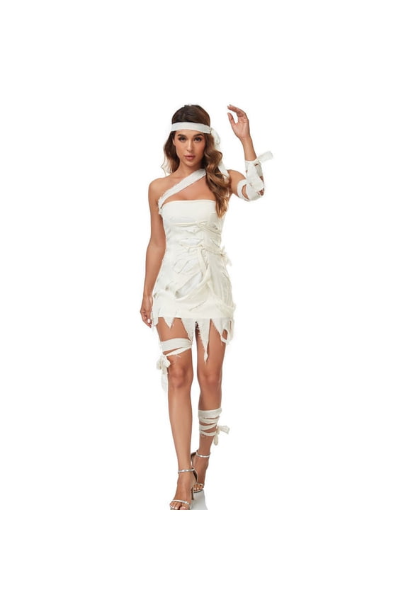 Golf Skirts Women's Halloween Cosplay Dresses Mummy Costumes with Gauze Halloween Cosplay Short Dress Maxi Skirt for Women S-96 White XL