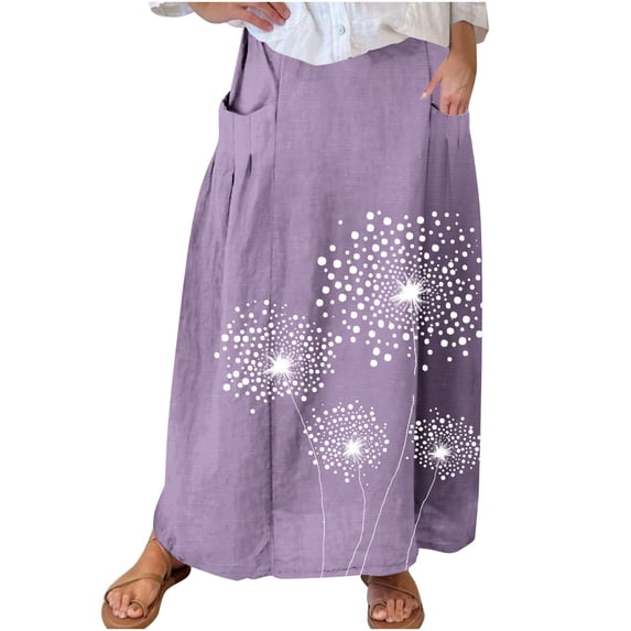 Mrat Goth Skirt Women's Casual Retro Floral Skirts Linen Elastic Waist Pleated Maxi Skirt with Pockets Plus Size Skirts S-244 Purple XL