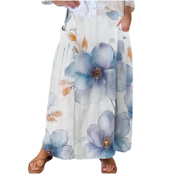 Mrat Gothic Skirt Women's Casual Retro Floral Skirts Linen Elastic Waist Pleated Maxi Skirt with Pockets Plus Size Skirts S-191 Multicolor 3XL