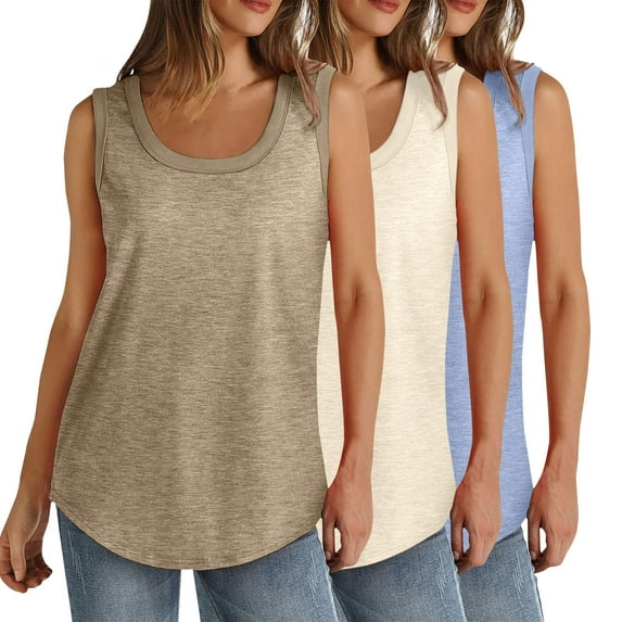 Mrat Gym Tank Tops Woman 3pc Women Solid Color Round Neck Sleeveless Casual Tee Tops Plus Size Tank Cami S-291 Khaki 4XL