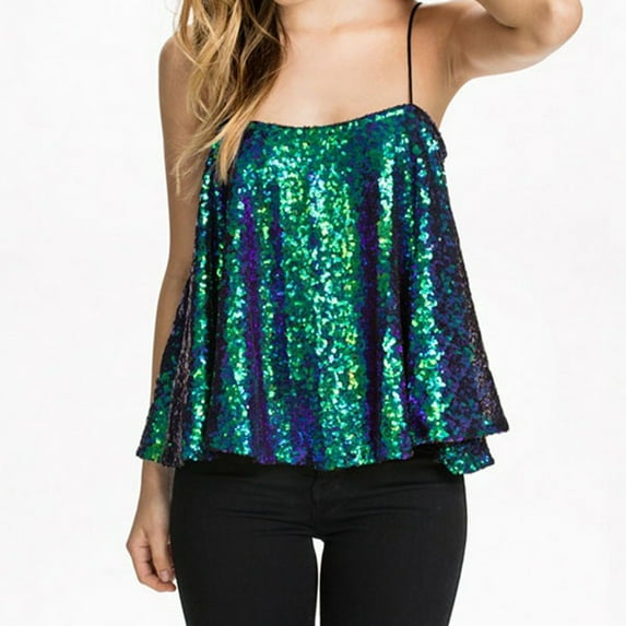 Mrat Gym Tank Tops Woman Fashion Women Solid Color Sequin Round-Neck Camisoles T-Shirt Tops Compression Tank Tops for Women S-35 Green L