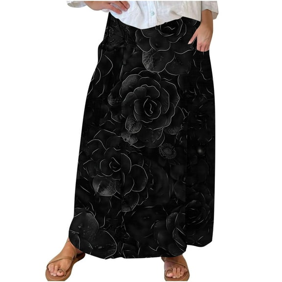 Mrat Halloween Skirt Women's Casual Retro Floral Skirts Linen Elastic Waist Pleated Maxi Skirt with Pockets Plus Size Skirts S-114 Black S
