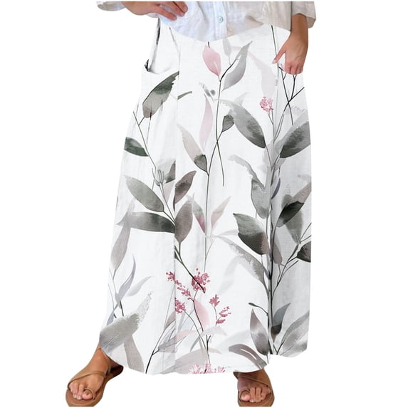 Mrat Halloween Skirts for Women Women's Casual Retro Floral Skirts Linen Elastic Waist Pleated Maxi Skirt with Pockets Plus Size Skirts S-119 White S