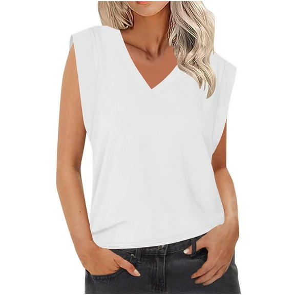Mrat High Neck Tank Tops for Women Womens Solid Color Sleeveless V-Neck Sleeveless Sling Tops Blouse S-345 White S