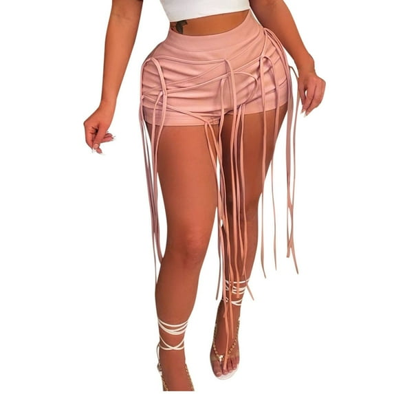 Mrat High Waist Comfy Pants Women's Solid Color Leather Rope Woven Low Waisted Shorts Leather Pants Office Pants High Waisted S-189 Pink-A XL
