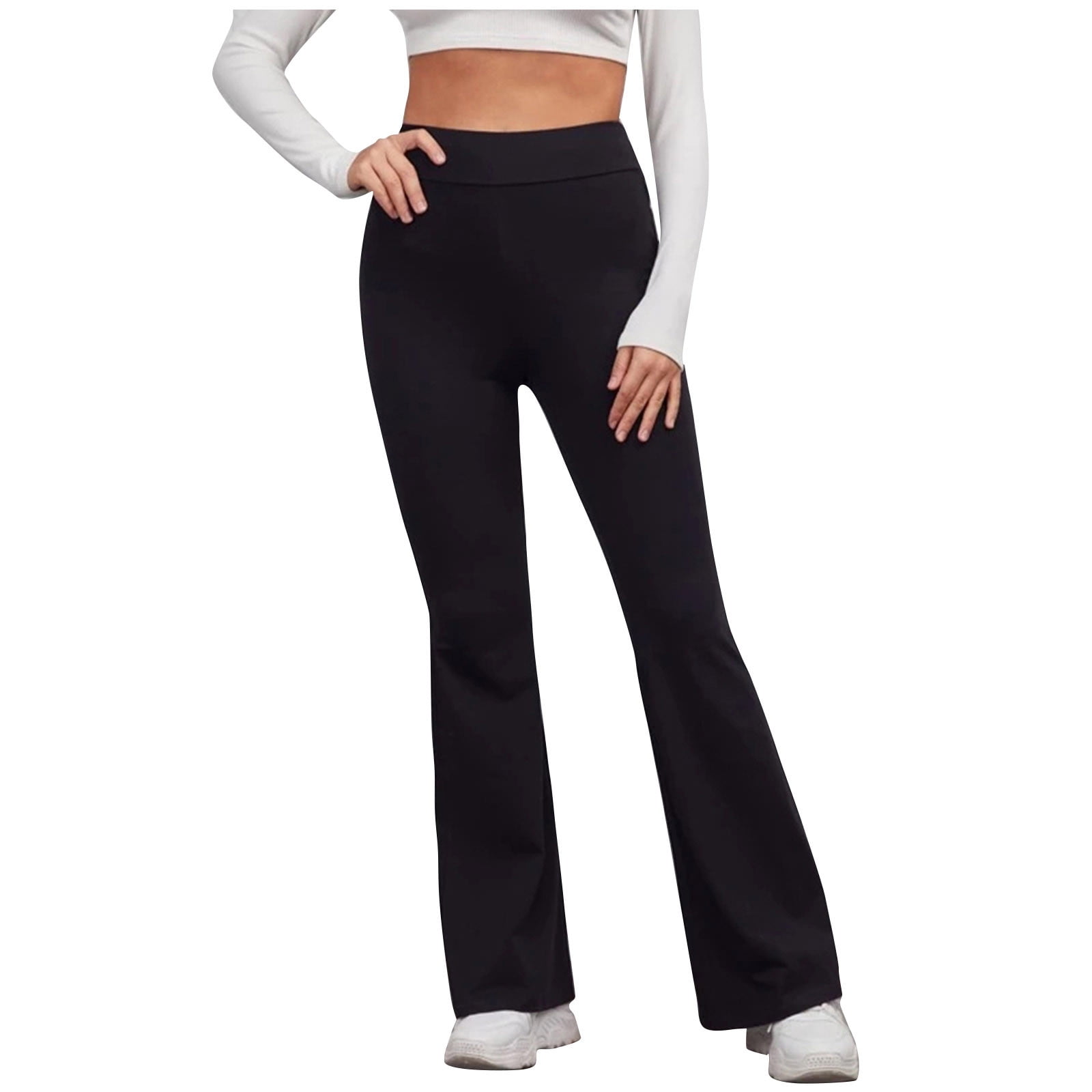 Black gym flare pants for women, ankle length sports pants.