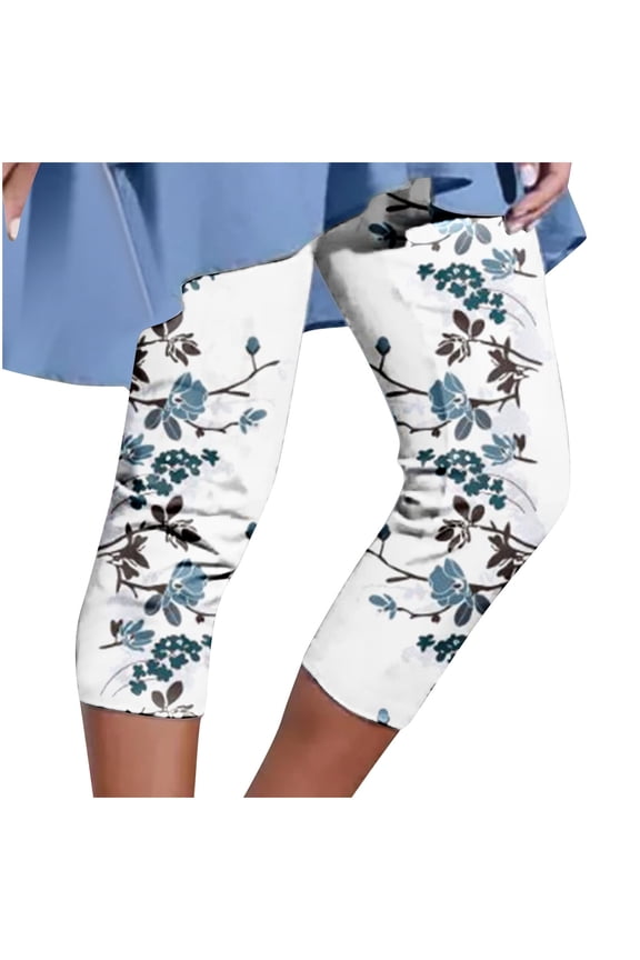 High Waisted Cargo Pants Women Women's Summer Casual Elastic Waist Printed Cropped Pants Sports Capris Womens Chino Pants S-138 Light Blue L