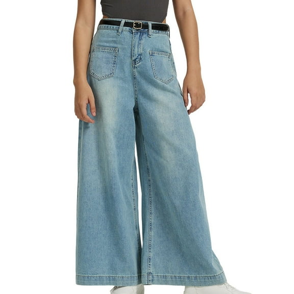 Mrat High Waisted Cozy Pants Women's Trendy Denim Trousers Women's Trendy Design High Waist Loose Straight Comfy Loose With Pockets S-41 Light Blue L