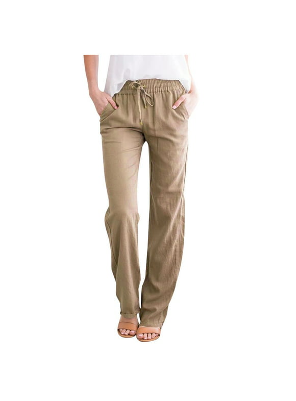 Mrat Hiking Pants Women Casual Cotton Linen Drawstring Wide Legged Pants High Waist Yoga Pants with Pockets Elastic Waist Long Straight Pants Khaki M