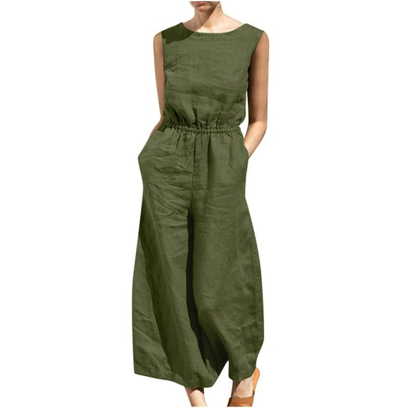 Mrat Hiking Pants Women Jumpsuit Jumpsuits For Ladies Sleeveless Pocket Solid Color Loose Straight Pants Fashion Romper Pants Female Loose Pants Casual Green L