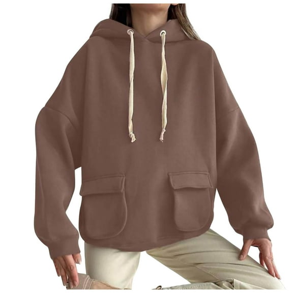 Mrat Hoodies Drawstring Women Women Drawstring Hoodie Long Sleeved Round Neck Pullover with Pocket Temperament Tops Womens Lightweight Hoodies S-50 Khaki M