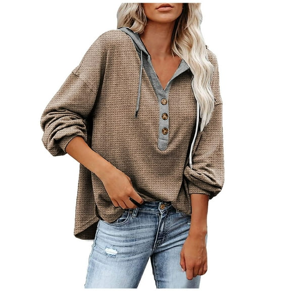 Mrat Hoodies Sweatshirts Women Casual Hooded Shirts Long Sleeve Drawstring Button Hoodies Sweatshirts Tops S-172 Khaki S