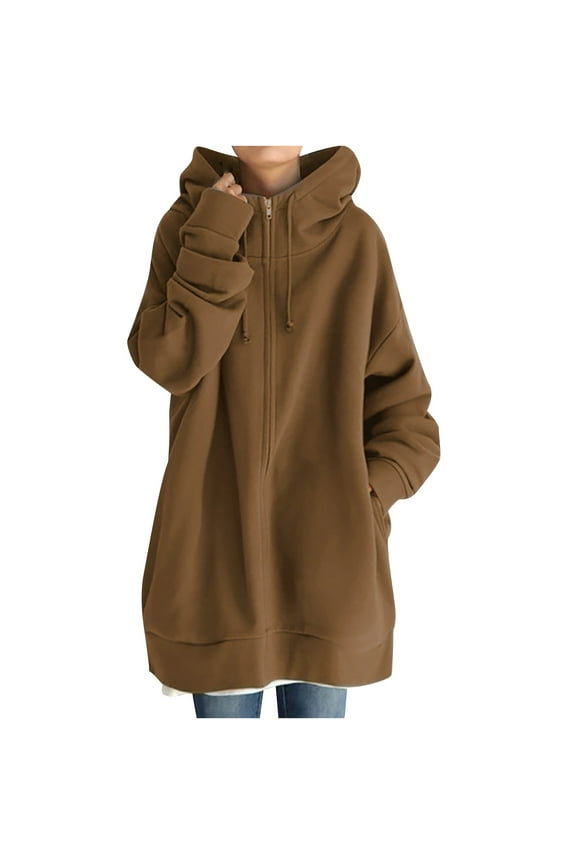Hoodies for Women Long Sweatshirts, Warm Full Zip up Tunic Hoodie Womens Long Fleece Sweatshirt with Pockets S-14 Coffee XL