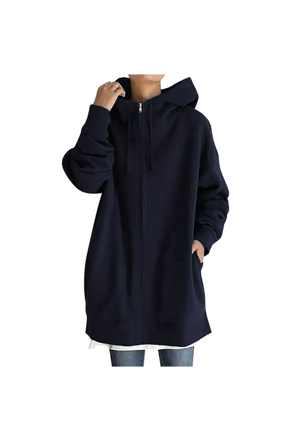Hoodies for Women Long Sweatshirts, Warm Full Zip up Tunic Hoodie Womens Long Fleece Sweatshirt with Pockets S-14 Dark Blue 3XL