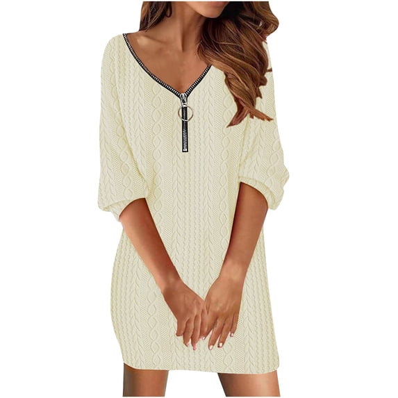 Mrat House Dresses with Pockets Women's Solid Color Casual Comfortable V-Neck Long Sleeved Dress Cute Dresses for Women S-475 Beige XXL