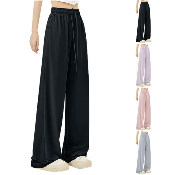 Mrat Ice Silk Pants for Women Casual Drawstring Pants High Waist Wide Leg Pants Lightweight Loose Trousers Womens Tapered Leg Pant S-122 Black L