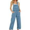 thumbnail image 1 of Mrat Jean Overalls for Women Loose Fitting Denim Bib Jumpsuit Stretch Overall Pants with Pockets S-60 Light Blue L, 1 of 3