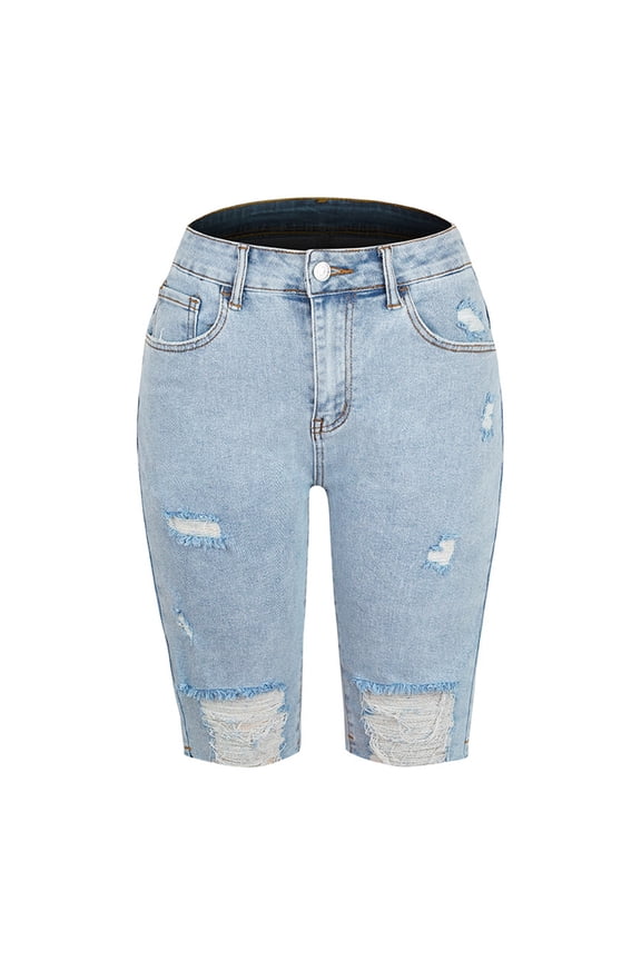 Jean Shorts Women's Mid-Rise Bermuda Shorts Slim Stretchy Frayed Denim Five Point Shorts with Pockets S-47 Light Blue XXL