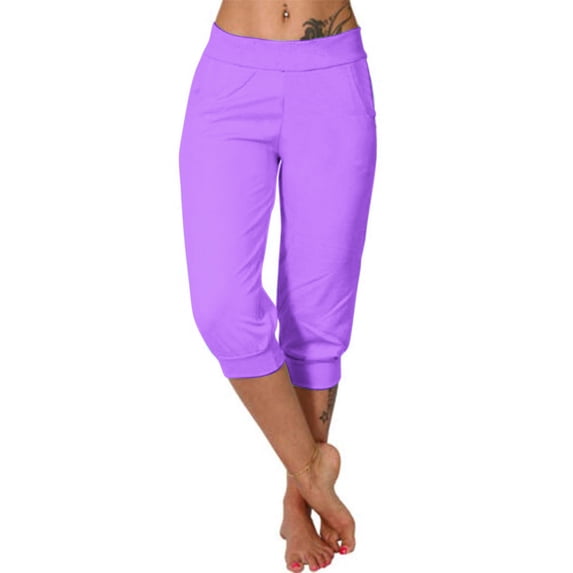 Mrat Jogger Capris for Women Cropped Yoga Pants High Waisted Workout Sweatpants Solid Color Slim Fitting Running Pants with Pockets S-55 Purple XXL