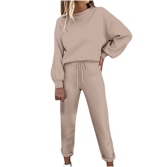 Mrat Jogger Sets for Women 2 Piece Sweatsuit Outfits Long Sleeve Pullover Sweatshirt Drawstring Pants Set Tracksuit with Pockets S-26 Khaki XL