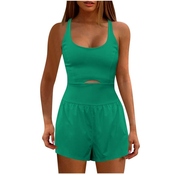 Mrat Jumpsuit for Women Summer Running Onesie Workout Rompers Tank Dress Bodice Dress Elastic Stretch One-Piece Outfits Exercise Jumpsuits Athletic Gym Yoga Pants Short Jumpsuit Green S