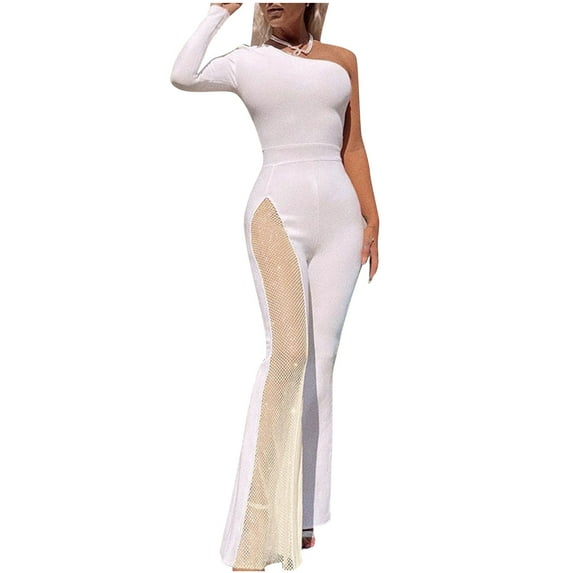 Mrat Jumpsuits Casual Dressy Women Casual Trendy Color Block Sleeveless Off-the-Shoulder Waist Jumpsuit Satin Cargo Pants S-246 White S