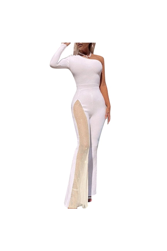 Jumpsuits Casual Dressy Women Casual Trendy Color Block Sleeveless Off-the-Shoulder Waist Jumpsuit Satin Cargo Pants S-246 White S