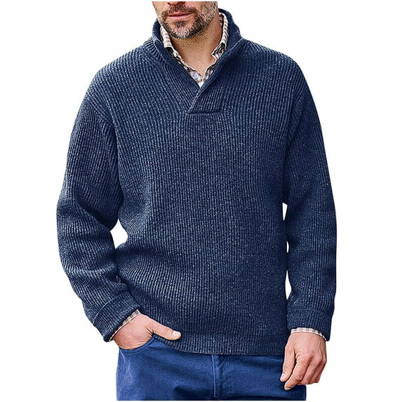 Mrat Knit Sweater for Men Men's Fashion V-Neck Warm Outdoor Long Sleeve Knitted Sweater Tops V-Neck Sweater Soft Sweaters for Men 2024 S-121 Dark Blue 4XL