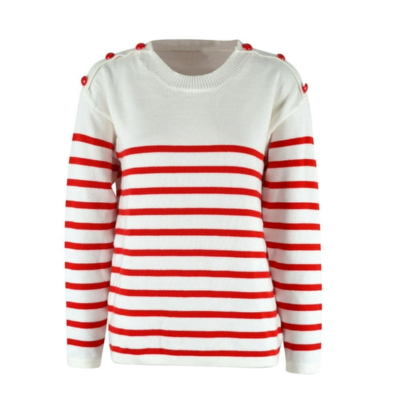 Mrat Knit Sweater Tops for Women Women's Knitted Striped Pullover Fashion Casual Long Sleeve Sweater Long Sleeve Pullover for Women S-114 Red-A M