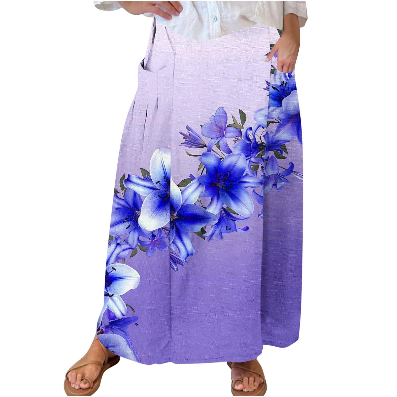 Women's Retro Floral Art Linen Elastic waistband Pocket Skirt main image 0