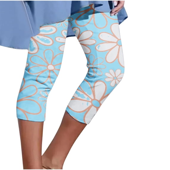 Mrat Ladies Capris Women's Summer Casual Elastic Waist Printed Cropped Pants Womens Plus Size Capris S-81 Sky Blue S
