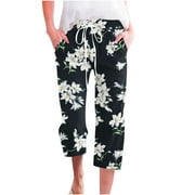 Mrat Ladies Capris Pants Elastic Waist Cropped Trousers for Women Wide Leg Cropped for Women Pull on Printing Drawstring Cargo Capris for Women with Pockets Black L