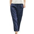 thumbnail image 1 of Mrat Ladies Full-Length Pants Women's Elastic Waist Casual Pants Solid Color Large Pocket Cotton Linen Straight Pants Low Rise Trousers Navy S, 1 of 6
