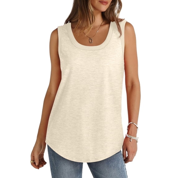 Mrat Ladies Summer Solid Color Tank Tops Round Neck Loose Casual Plus Size Blouse Classic Camisoles S-68 Beige S
