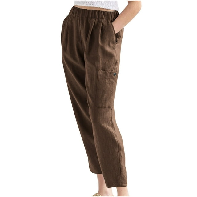 Mrat Ladies Sweatpants Casual Women Summer Pants Casual Solid Color Elastic Waist Linen Pockets Pants Dress Pants Women Brown L