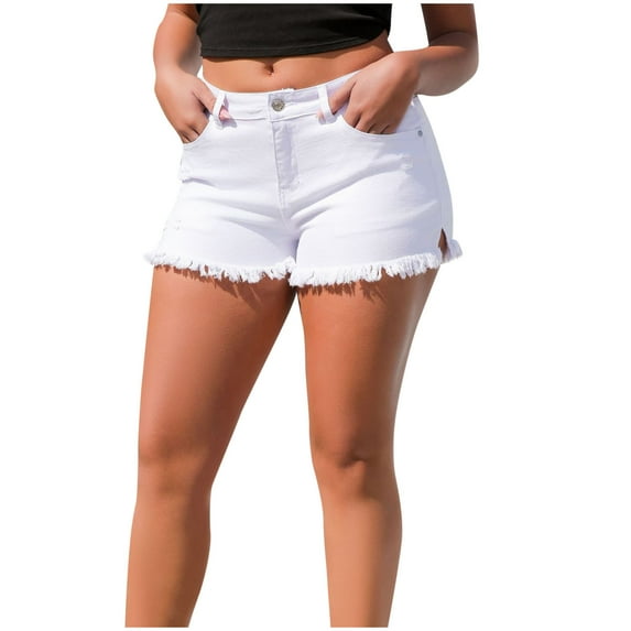 Mrat Ladies Sweatpants Pants Women's Casual Washed Vintage Distressed Solid Color High Waisted Fringe Denim Shorts Trendy Women Pants S-607 White M