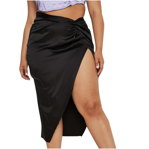 Mrat Ladiess Skirts Long Women's Casual Fashion Irregular Solid Satin Slit Zipper Pack Hip Skirt Summer Skirt S-65 Black M