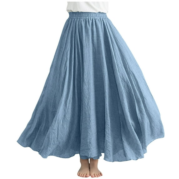 Mrat Ladiess Summer Skirts Women Casual Summer Large Solid Elastic Waist Flax A-Line Ankle Skirt Stretchy Flared Skirt S-18 Dark Blue One Size