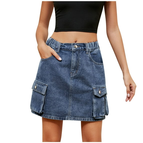 Mrat Layered Flowy Skirt Women's Elastic Waist Stretch Slim Fitting Pocket Denim Short Skirt Half Jean Skirts Cover Up Skirts S-63 Blue S